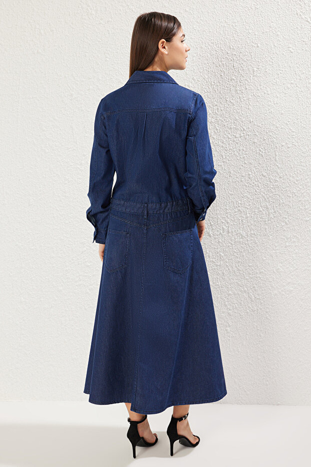 Koyu Mavi Eteği Volanlı Maxi Denim Gömlek Elbise TWOSS25EL00351 - 5