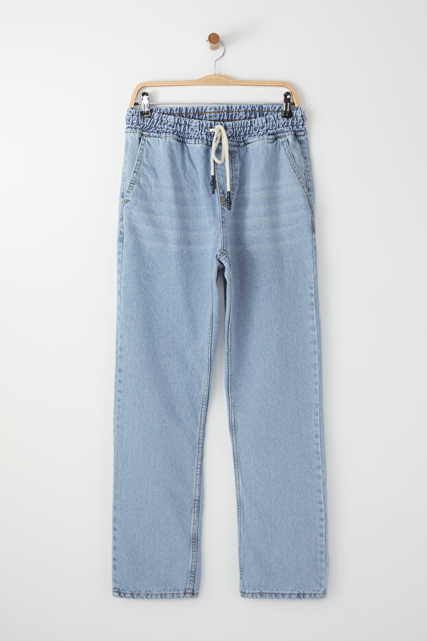 Açık Mavi Regular Fit Beli Lastikli Geniş Kalıp Bol Kot Pantolon Jeans TMNAW24JE00025 - 6