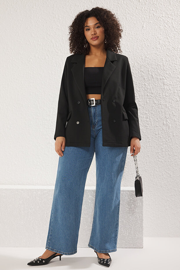 Plus Size Czarna marynarka - dwurzędowe zapięcie, elastyczna dzianina Tbbss25Ag00005 - 1