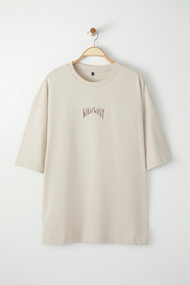 Büyük Beden Taş Oversize/Geniş Kesim %100 Pamuklu T-Shirt TMNSS25BF00008 - 4