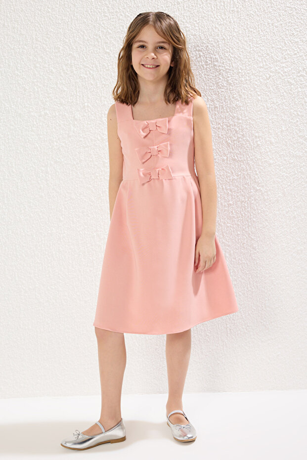 Pembe Kurdele Detaylı Mini Me Anne-Kız Dokuma Elbise TKDSS25EL00046 - 2