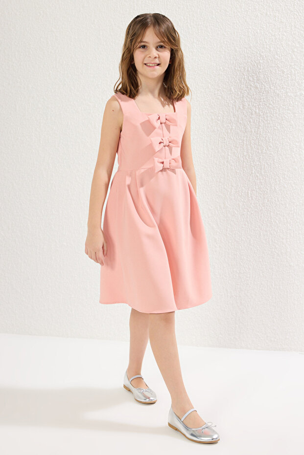 Pembe Kurdele Detaylı Mini Me Anne-Kız Dokuma Elbise TKDSS25EL00046 - 3