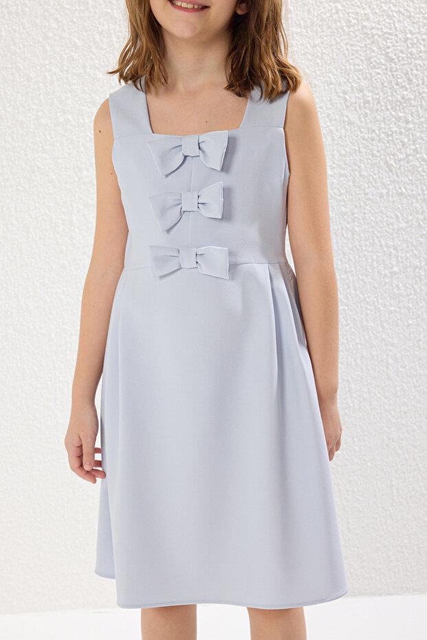 Bebe Mavisi Kurdele Detaylı Mini Me Anne-Kız Dokuma Elbise TKDSS25EL00046 - 4