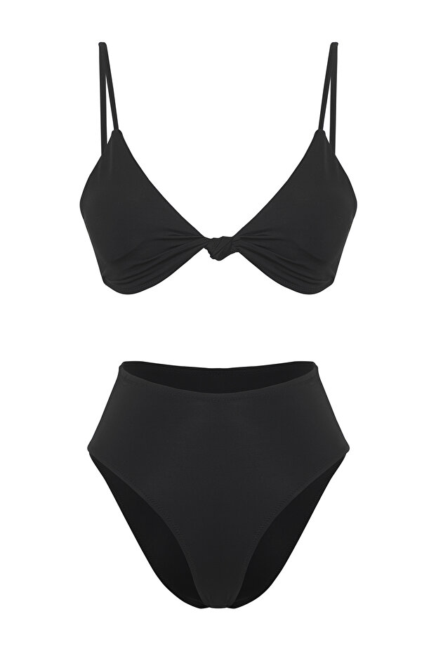 Siyah Düğümlü Üçgen Kaplı Regular Yüksek Bel Bikini Takımı TBESS25BT00104 - 6