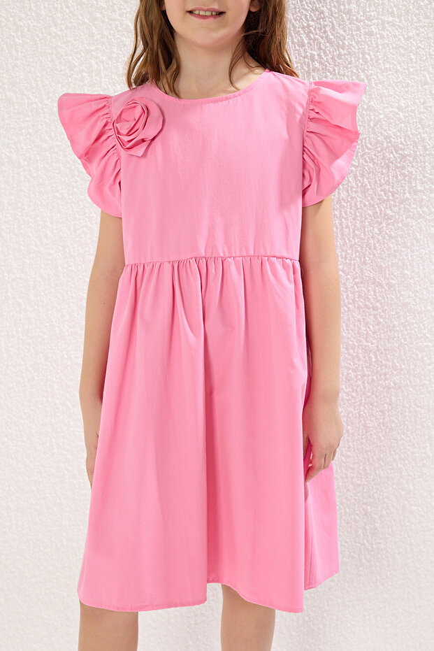 Pembe Kız Çocuk Mini Me Çiçekli Dokuma Elbise TKDSS25EL00044 - 3