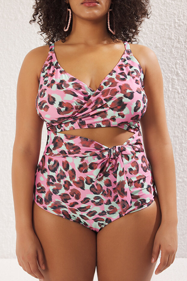 Többszínű mély V kivágott részletes leopárdmintás nagy méretű fürdőruha TBBSS25AM00011 - 3