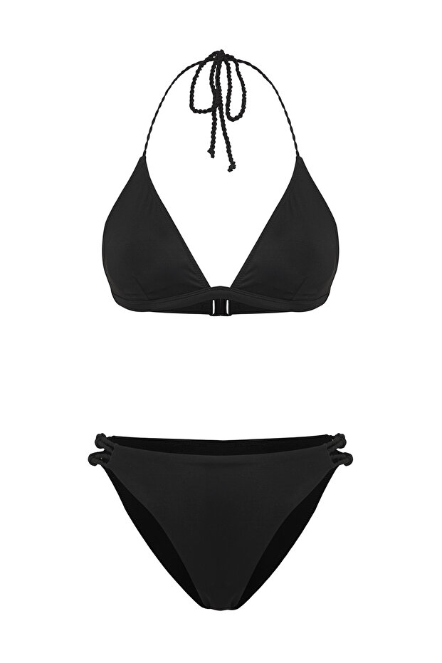 Siyah Biyeli Üçgen Kaplı Brazilian Normal Bel Bikini Takımı TBESS25BT00070 - 5