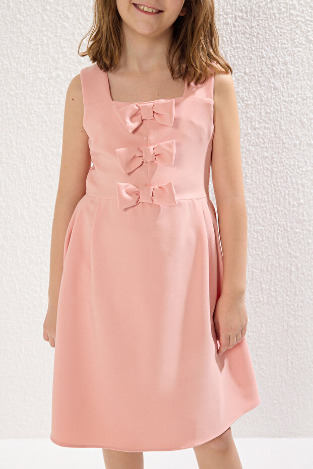 Pembe Kurdele Detaylı Mini Me Anne-Kız Dokuma Elbise TKDSS25EL00046 - 4