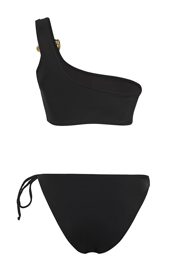 Siyah Aksesuarlı Tek Omuz Kaplı Regular Normal Bel Bikini Takımı TBESS25BT00091 - 6