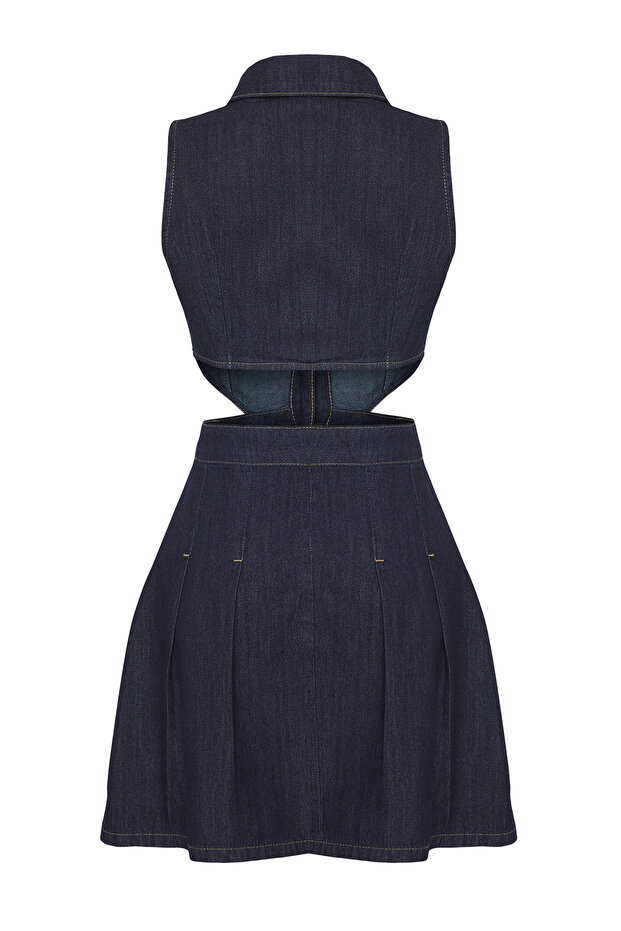 Koyu Mavi Bel Dekolteli Cut-Out Detaylı Gömlek Yaka Mini Denim Elbise TWOSS25EL00505 - 4