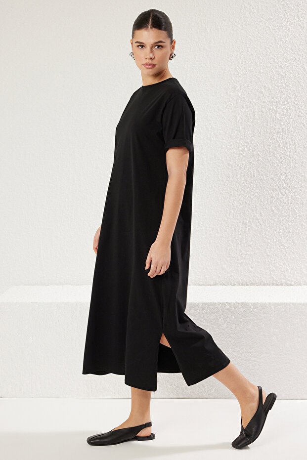 Siyah %100 Pamuklu Bisiklet Yaka Kısa Kol Midi Örme T-shirt Elbise TWOSS25EL00465 - 2