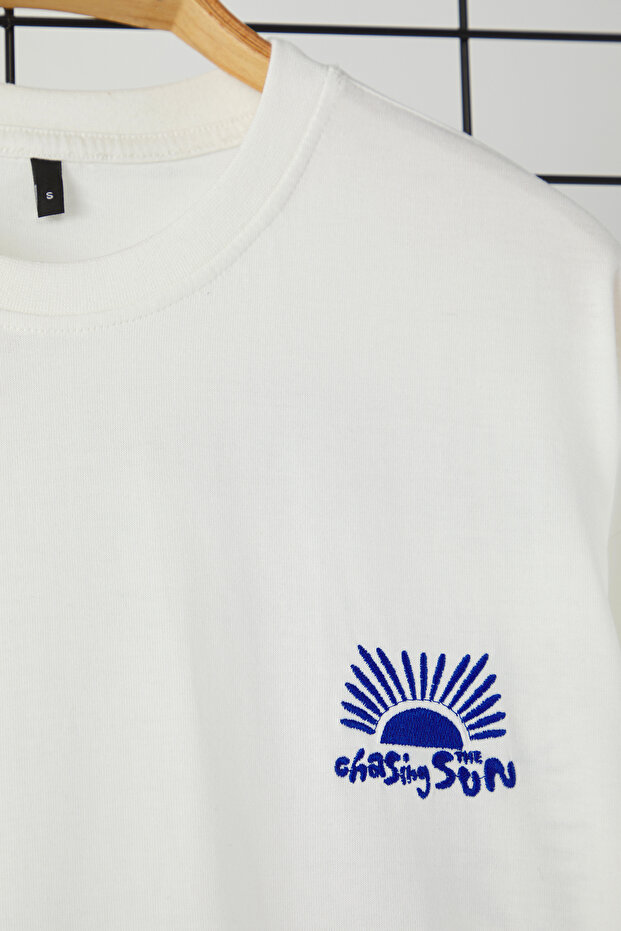 Ekru Oversize/Geniş Kesim Baskılı %100 Pamuk T-Shirt TMNSS25TS00031 - 8