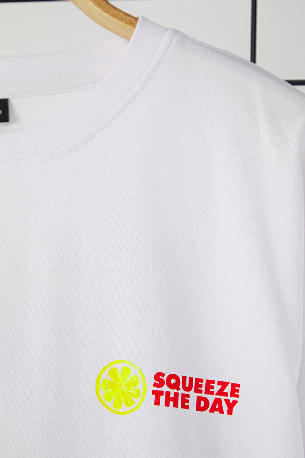 Beyaz Oversize/Geniş Kesim Limon Baskılı %100 Pamuklu T-Shirt TMNSS23TS00089 - 8
