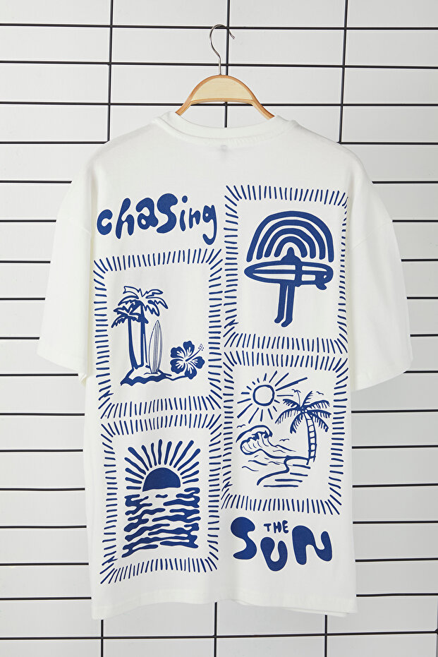 Ekru Oversize/Geniş Kesim Baskılı %100 Pamuk T-Shirt TMNSS25TS00031 - 6
