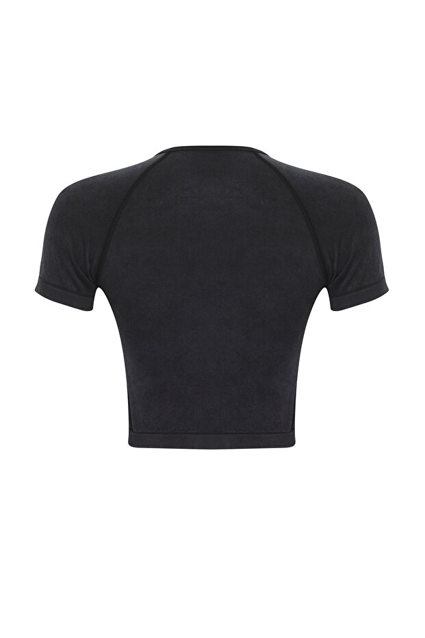Siyah Seamless/Dikişsiz Crop Örme Takımlanabilir Spor Üst/Bluz THMSS25BZ00004 - 7