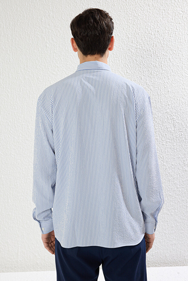 Mavi Oversize Çizgili Gofre Esnek Rahat Kumaş Örme Gömlek TMNSS25GO00024 - 7