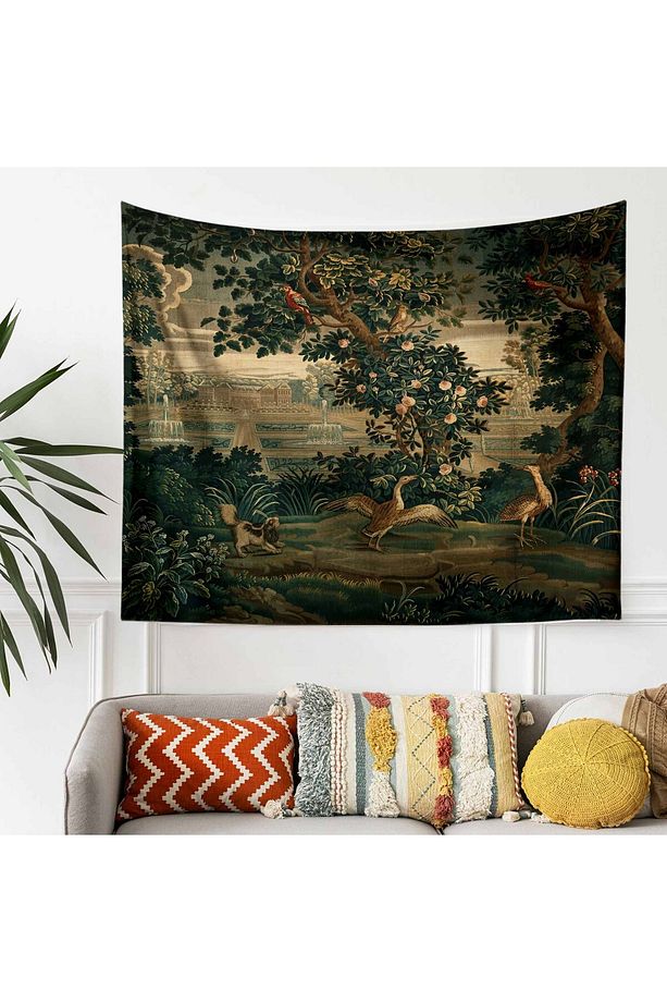 Vintage Fransız Retro Yeşil Orman Desenli Duvar Örtüsü Duvar Halısı Tapestry - 3