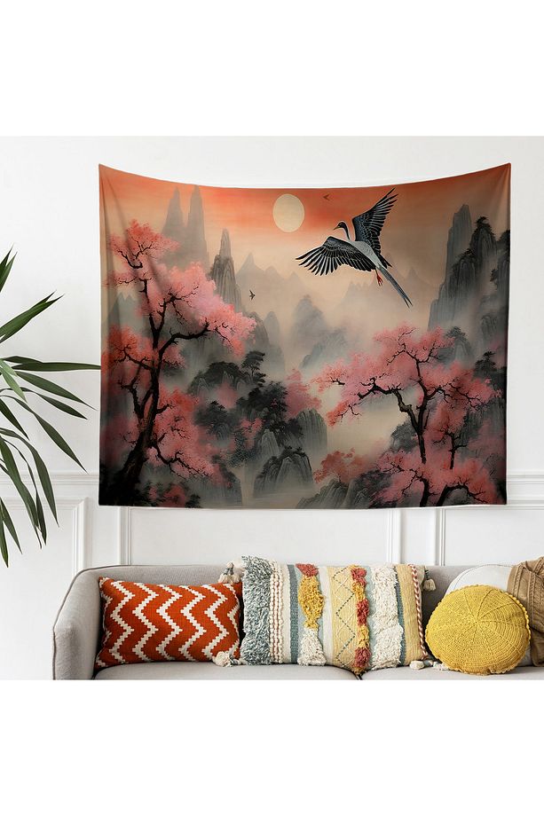 Japon Tarzı Sakura Doğa Manzara Desenli Duvar Örtüsü Duvar Halısı Tapestry - 3