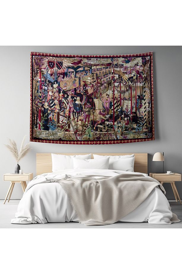 Vintage Fransız Retro Turnuva Desenli Duvar Örtüsü Duvar Halısı Tapestry - 4