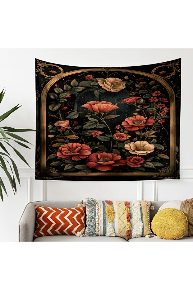 Vintage Kırmızı Çiçekler Desenli Duvar Örtüsü Duvar Halısı Tapestry - 3