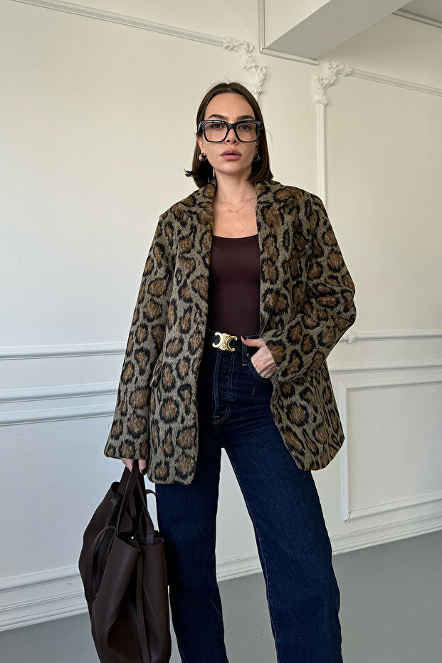 Double Breasted Stamp Leopard Jacket - Black - 1