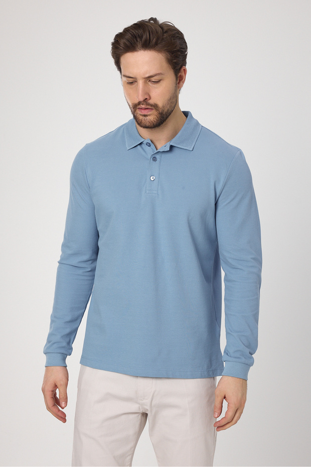 Frank Men's Blue 100% Cotton Pique Knitted Stretch Fabric Slim Fit Long Sleeve Polo T-Shirt