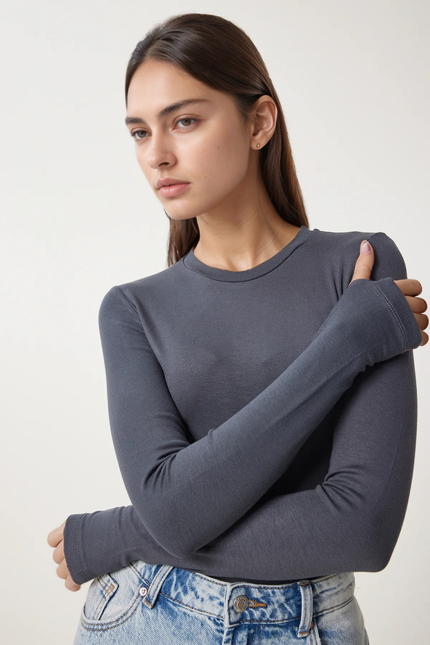Women's Smoked Crew Neck Slim Fit Finger-Loop Ultra Soft Flexible Lycra Viscose Basic Body&Blouse