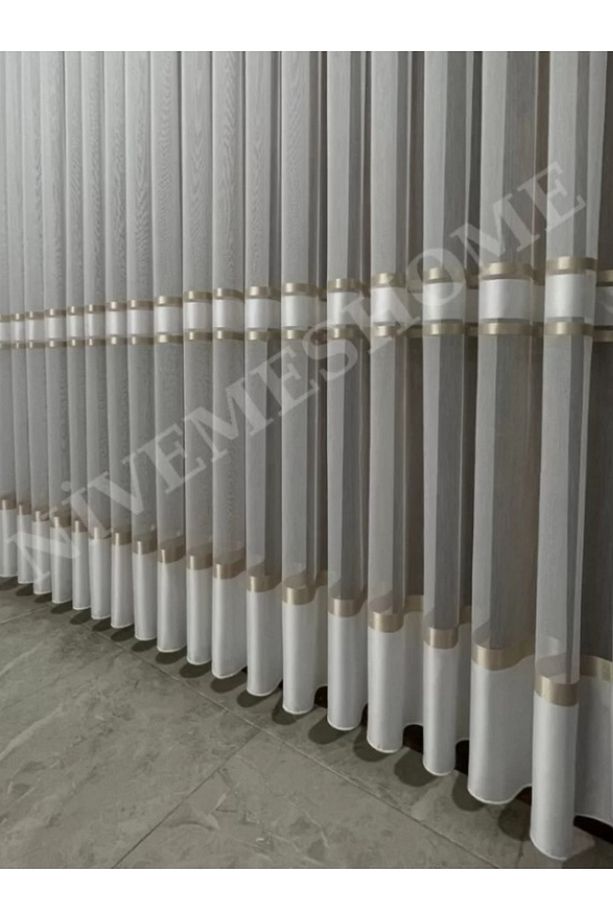 Nivemeshome Altın Geçişli Şeritli Kırışmaz Tül Perde 1/3 Sık Pile - 1