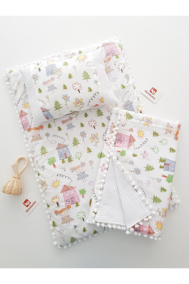 Home Pattern Baby Diaper Set with Blanket, Cushion, Muslin, Baby Pillow, Newborn, Crib