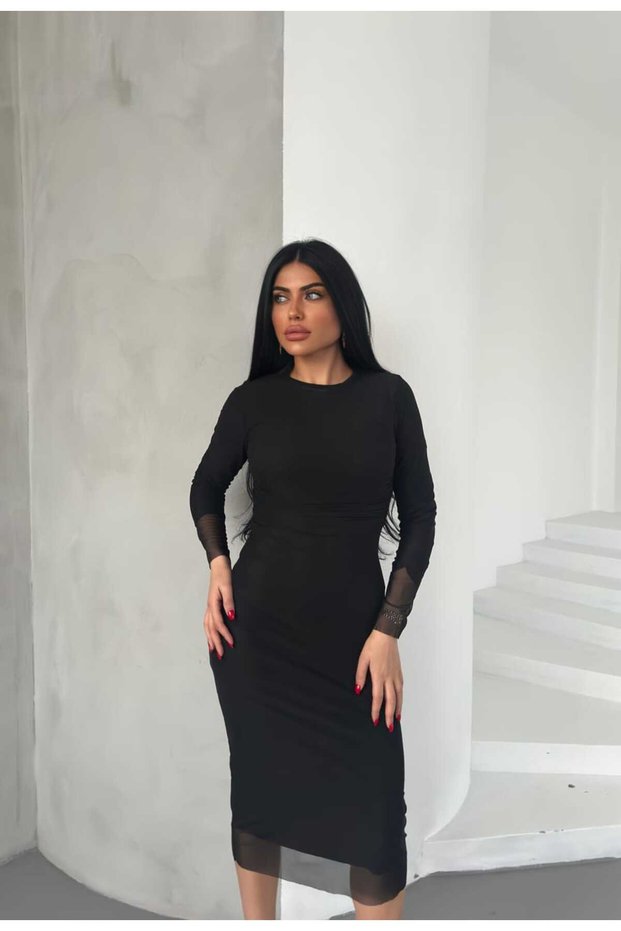 Women's Black Long Sleeve Lined Tulle Dress