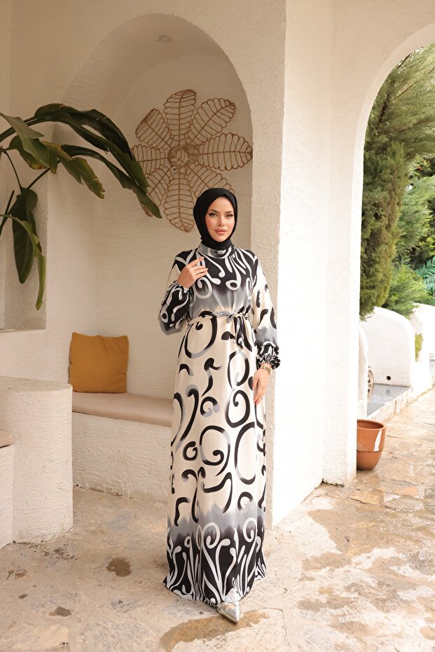 Women's Hijab Patterned Belted Long Viscose Dress