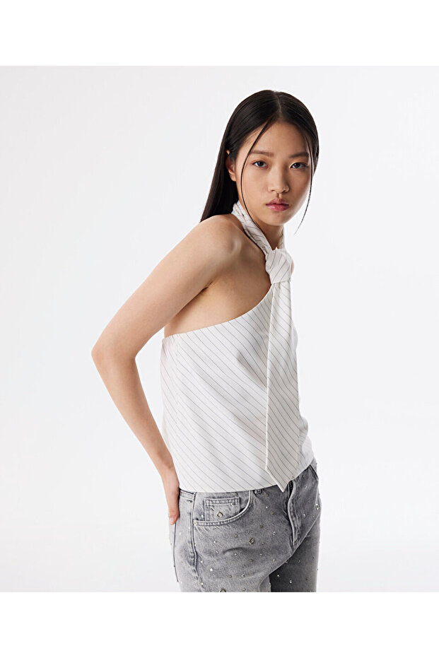 KRAVATLI ÇİZGİ DESEN BLUZ - 2