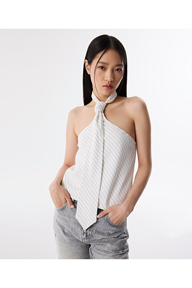 KRAVATLI ÇİZGİ DESEN BLUZ - 1