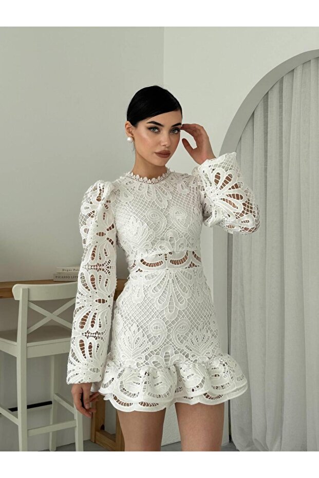Tasarım Dantel Güpür Mini Elbise - 4