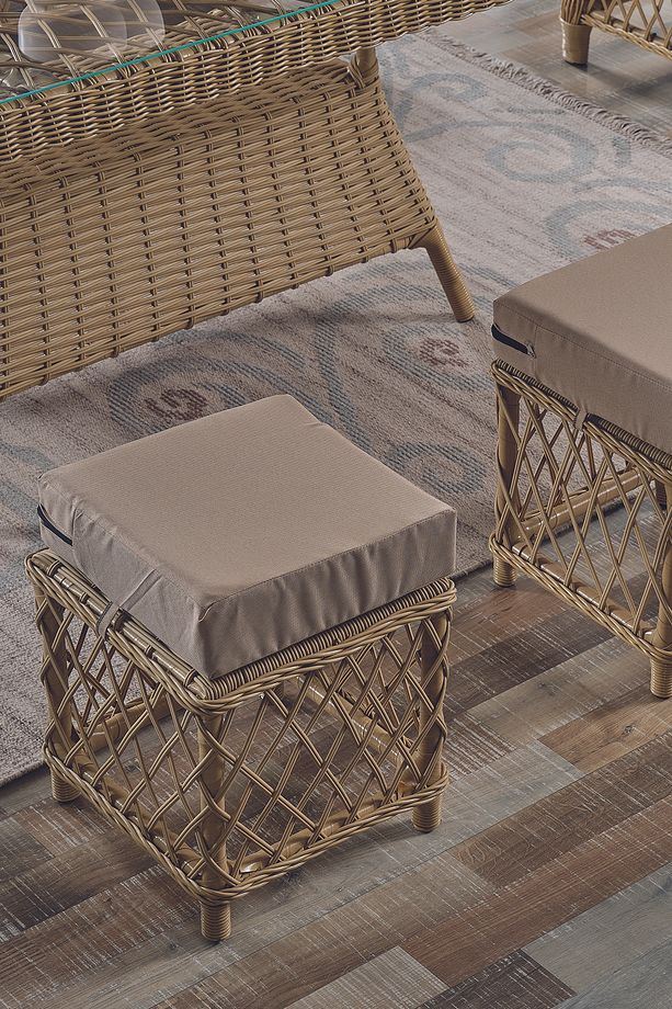 Edra Rattan Puflu Bahçe Balkon Takımı 3+1+1+Camlı Masa Cappuccino - 5