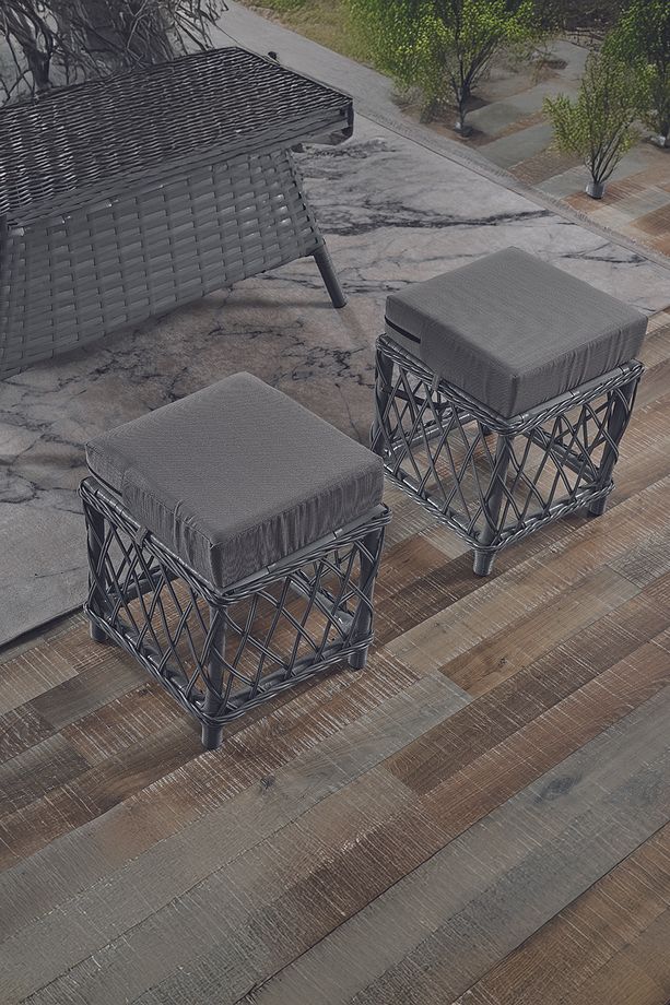 Edra Rattan Puflu Bahçe Balkon Takımı 3+1+1+Camlı Masa Gri - 5