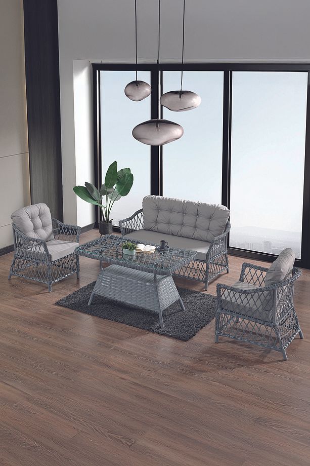 Icon Rattan Bahçe Balkon Oturma Takımı 2+1+1+Camlı Masa Gri - 1