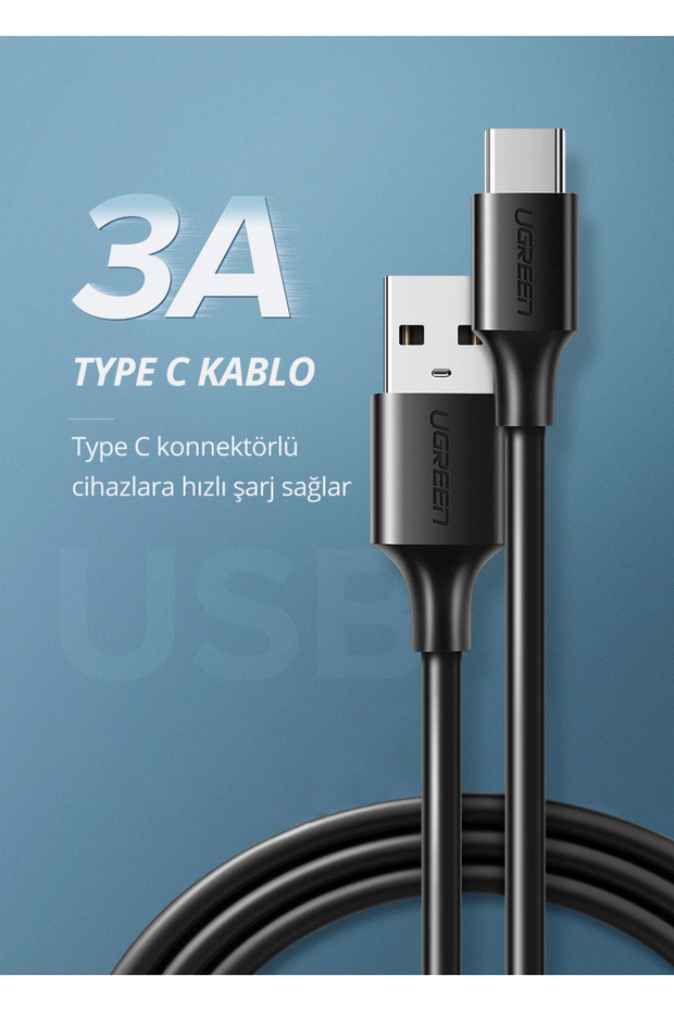 USB-C to USB-A 3A QC Hızlı Şarj Kablosu, 0,5 Metre, Siyah - 60115 - 1