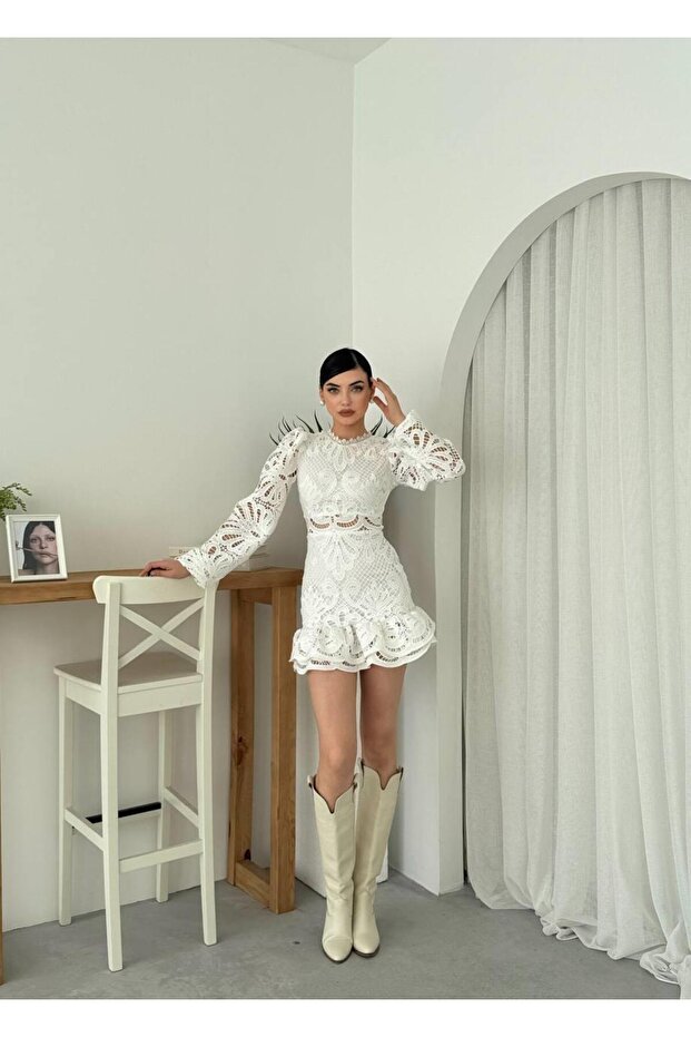 Tasarım Dantel Güpür Mini Elbise - 2