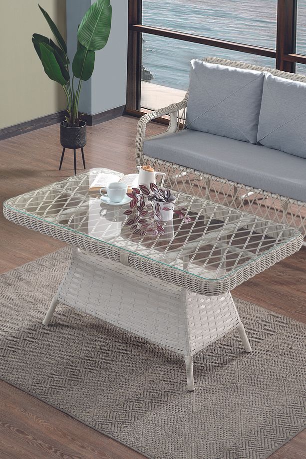 Edra Rattan Puflu Bahçe Balkon Takımı 3+1+1+Camı Masa Kemik Rengi - 4