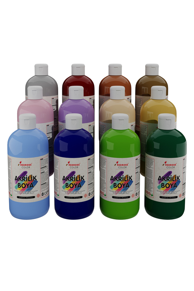 REDROSE COLOR Pastel Renkler Akrilik Boya 12'li Set 12x500gr, Dekoratif Hobi Amaçlı Sanatsal Canlı Renkler