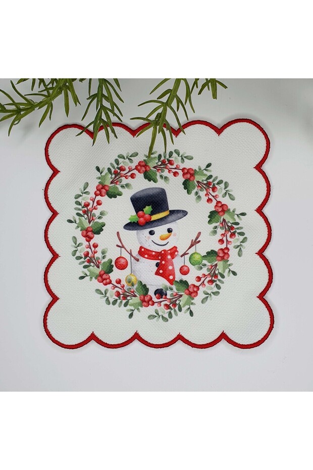 Embroidery Edge Fabric Cocktail Napkin with Happy Snowman and Cockina Design 1 Piece