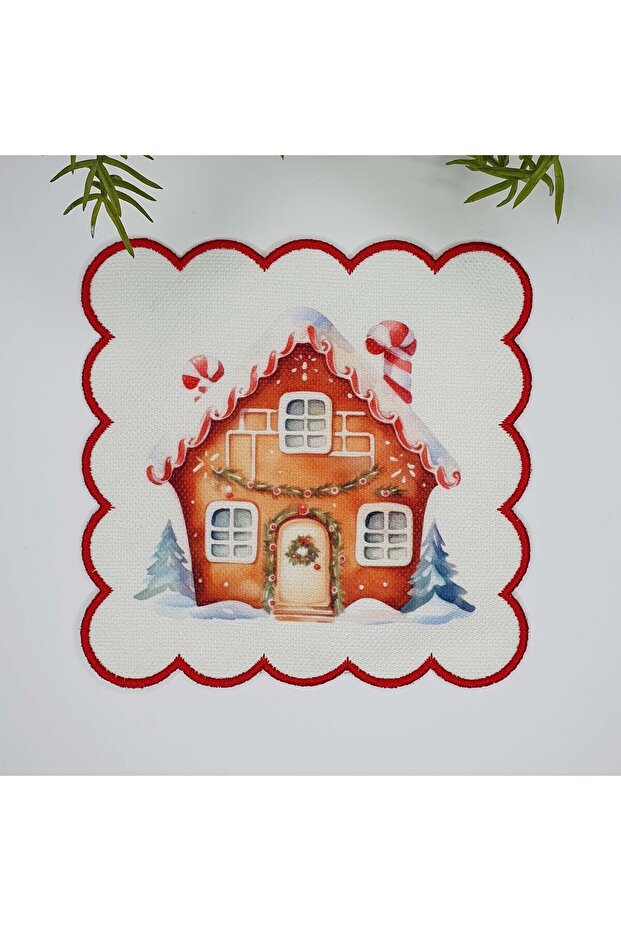 New Year's Concept Candy House Themed Embroidery Edge Fabric Cocktail Napkin 1 Piece