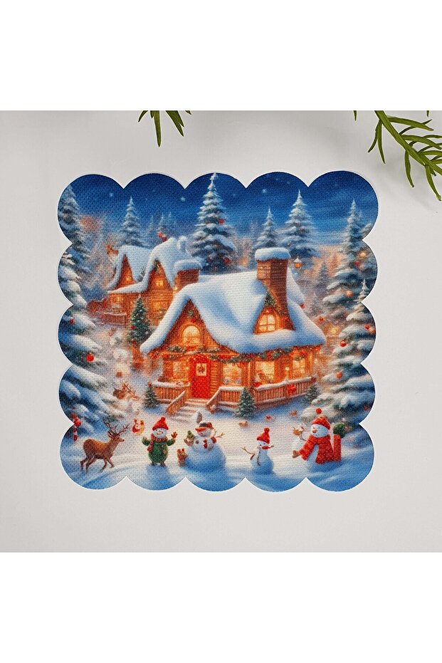 New Year's Town Snowman Digital Printed Laser Cut Washable Cocktail Napkin