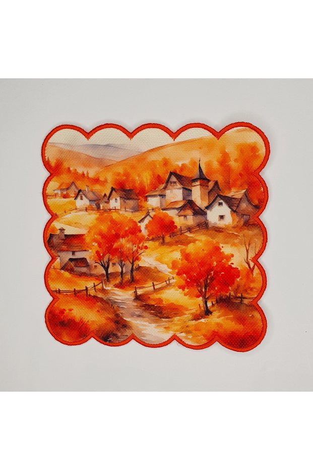 Orange Autumn Trees Patterned Orange Embroidered Cocktail Napkin