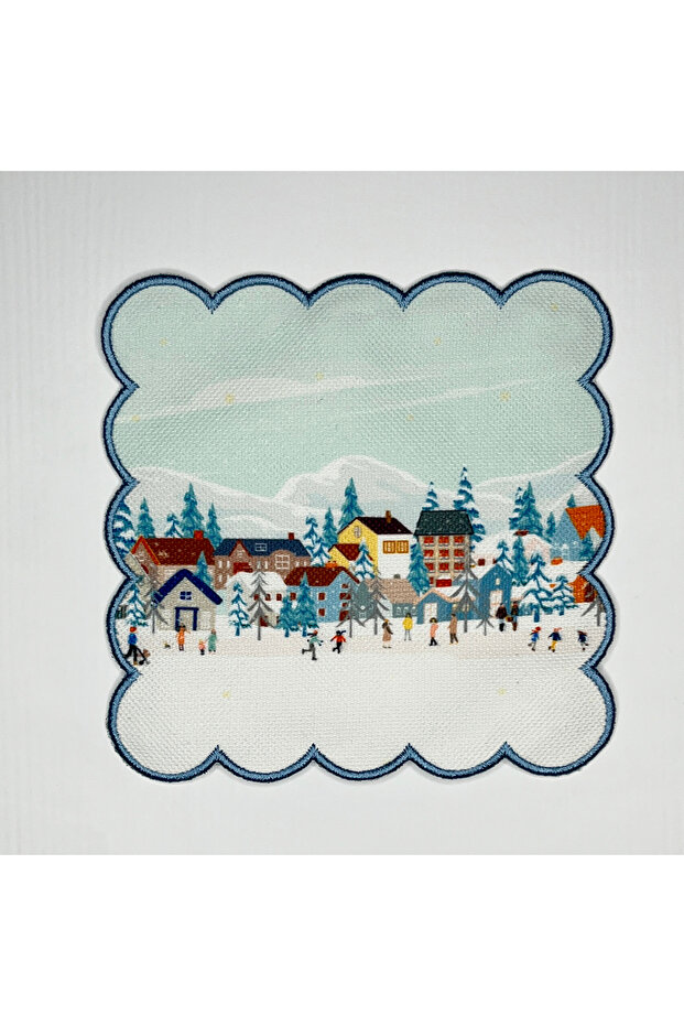 Christmas Themed Pastel Blue Embroidered Digital Printed Cocktail Napkin - Washable