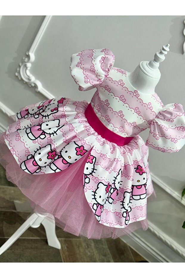 Hello Kity Kız Elbise, Hello Kity Kız Kostüm, Pembe Hello Kity Elbise - 8