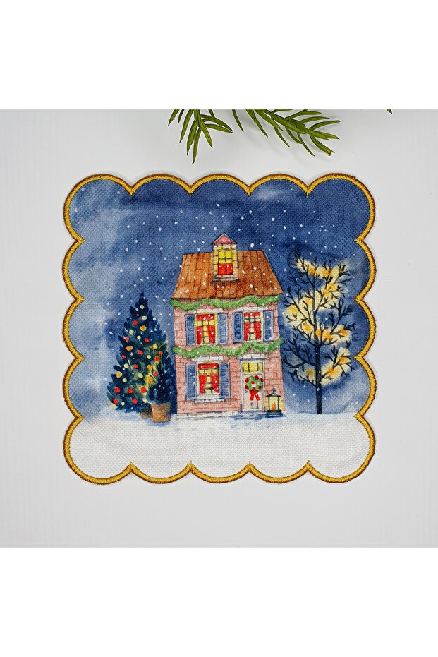 Cute New Year's House Watercolor Patterned Digital Printed Embroidered Cocktail Napkin