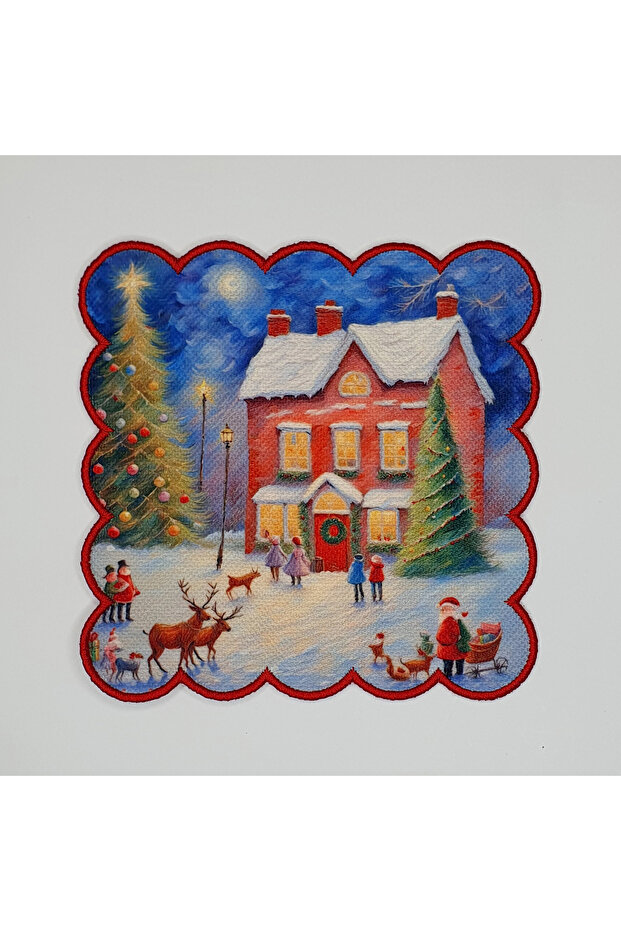 Oil Painted Christmas House and Deer Patterned Side Embroidered Cocktail Napkin