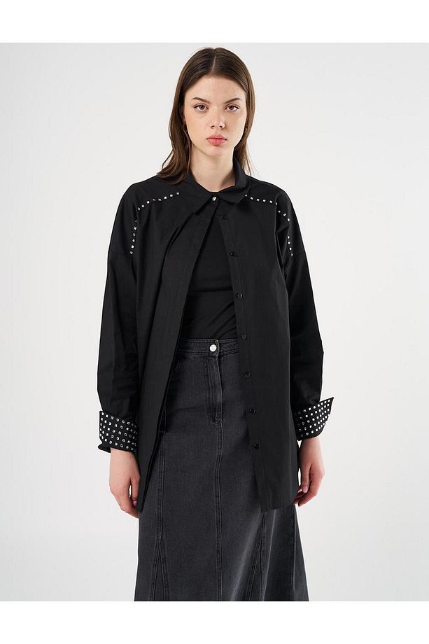 Taş İşlemeli Poplin Tunik Siyah - 1